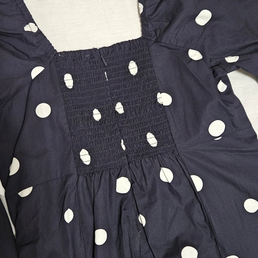 Free Assembly Cotton Polka Dot Maxi Dress Puff Sleeve Navy NWT - Picture 10 of 15